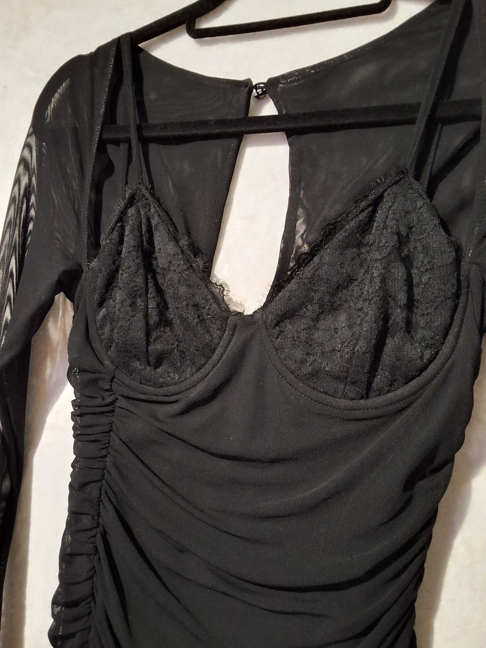 Women’s Long Sleeve Black, Ruched, Lace & Mesh Dress - Picture 5 of 12